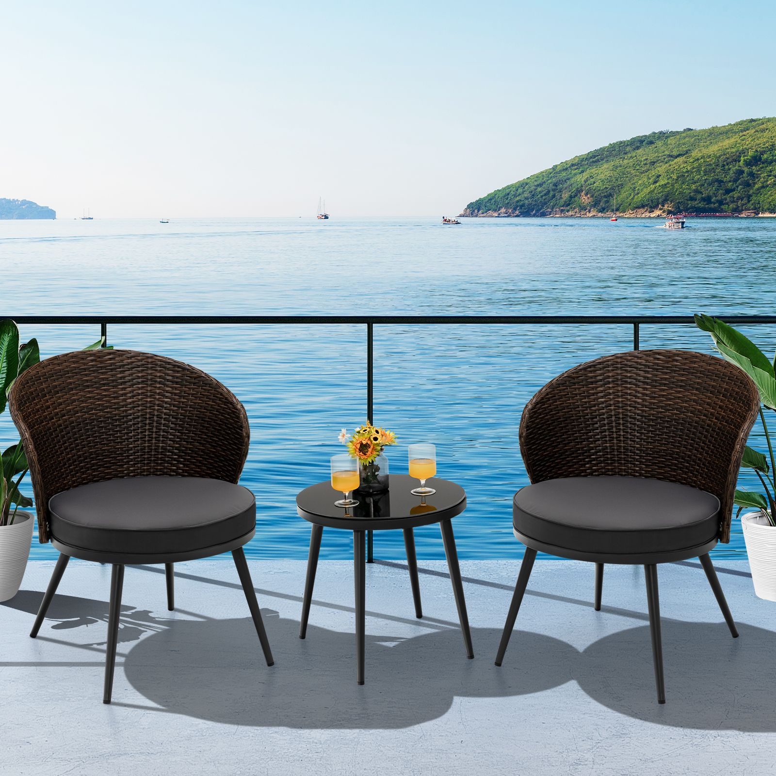 3 Pieces Patio Rattan Bistro Set with Cushioned Chairs and Glass Table